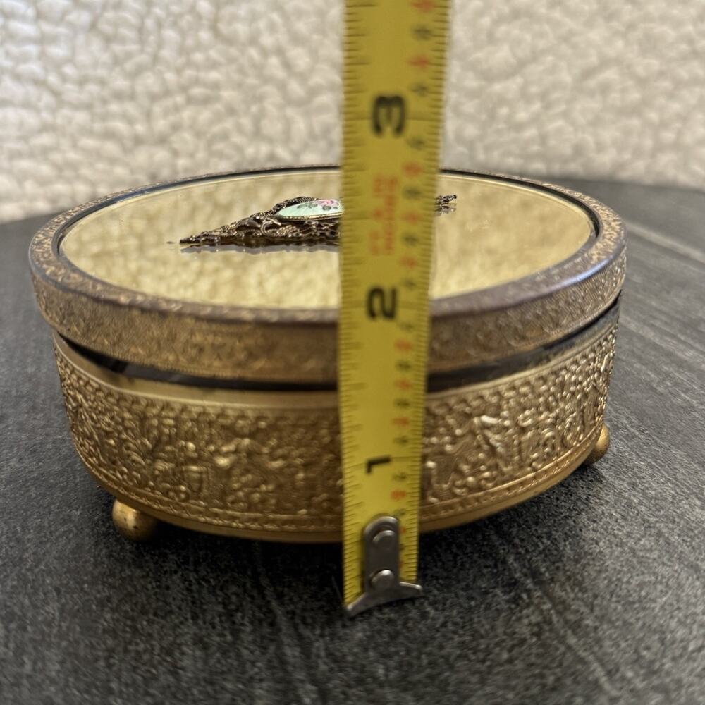 Vintage Hollywood Regency Vanity Trinket Box Lidded Glass Ornate Guilloche Rose - Picture 5 of 6